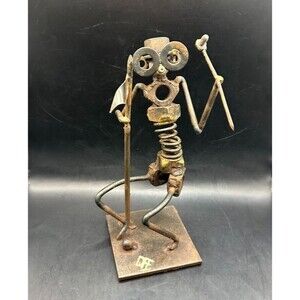 Vintage Metal Golfer Nuts Bolts Figure Flag Welded Art Unique Signed DFF Patina